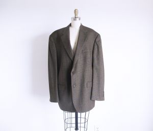 Vintage Men's Suit Jacket, 80s Plaid Jacket, Mens Wool Coat, Olive Blazer, Size X Large Blazer