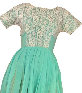 Vintage 60s Dress Sheer Cotton Lacy Aqua Garden Party Summer Dress | XXS - Fashionconstellate.com