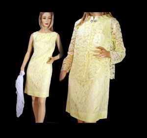 Vintage 50s Dress Set Cocktail Suit Wiggle Dress and Jacket Yellow Lace Wedding