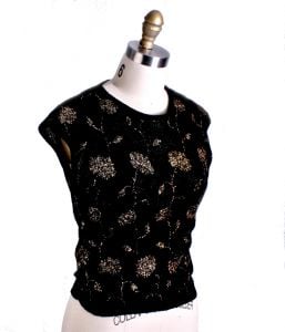 VTG Black/ Gold Floral Metallic Rayon Boucle Shell Tank Knit ''Stylebest'' Womens S 1940s - Fashionconstellate.com