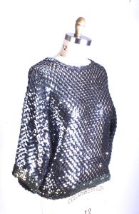 Vintage Dorothy Bullitt  Solid Black Silver Sequin Sweater Top Open Knit M 1980s - Fashionconstellate.com