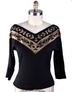 Vintage Tricosa France Amazing V Neck Beaded Sweater Black Gold FIne Wool M