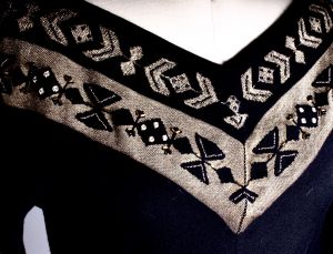 Vintage Tricosa France Amazing V Neck Beaded Sweater Black Gold FIne Wool M - Fashionconstellate.com