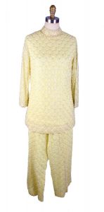 Vintage Yellow Heavily Beaded Lace Mod Pant Suit Tunic Wide Legs s/m Womens 1960s