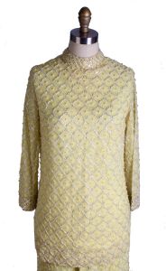 Vintage Yellow Heavily Beaded Lace Mod Pant Suit Tunic Wide Legs s/m Womens 1960s - Fashionconstellate.com