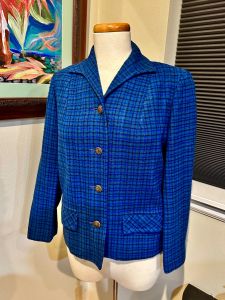 1950s Pendleton Blue Wool Plaid Jacket w/ Maple Leaf Buttons - S