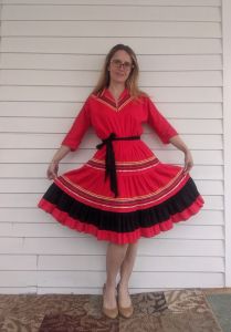 Red Patio Dress Western Full Skirt Country Cotton Square Dance Vintage S