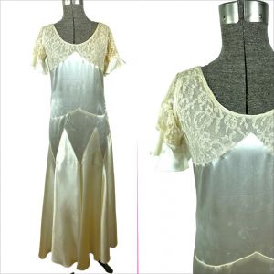 1920s ivory satin and lace gown with six gore skirt
