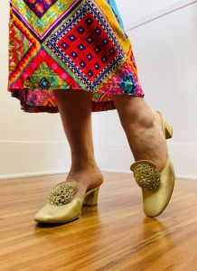 Size 8-8.5 | 1960s Vintage Sparkling Gold House Shoes by Daniel Green 