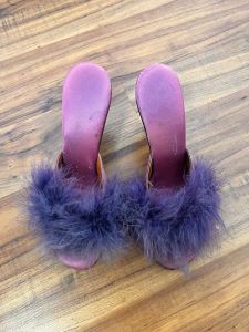 Size 7 | 1950s Vintage Purple Satin High Heeled Boudoir Slippers with Marabou Vamps | RARE 