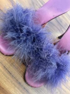 Size 7 | 1950s Vintage Purple Satin High Heeled Boudoir Slippers with Marabou Vamps | RARE  - Fashionconstellate.com