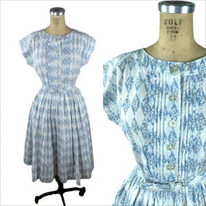 1960s shirtwaist dress blue white harlequin print 