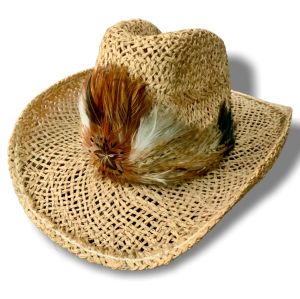 Vintage Straw Cowboy Hat with Elaborate Feather Band and High Crown - Size Small or 6 7/8 hat size 