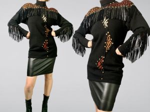 Killer 80s Lillie Rubin x Erez Fringed Sweater and Skirt Set Size Small  Western Style Animal Print