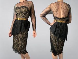Bill Blass 80s Lace Illusion Dress | Fits Size Medium Waist 28'' | Designer Black Vintage Sheer 6 8 