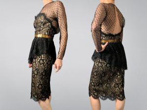 Bill Blass 80s Lace Illusion Dress | Fits Size Medium Waist 28'' | Designer Black Vintage Sheer 6 8  - Fashionconstellate.com