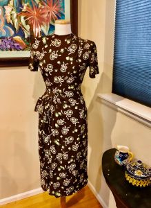Vintage 40s Cold Rayon Brown Floral Print Iconic WWII Era Historic Dress - XS