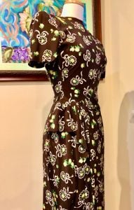 Vintage 40s Cold Rayon Brown Floral Print Iconic WWII Era Historic Dress - XS - Fashionconstellate.com