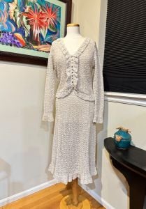  Vonnie Reynold’s Irish Linen 2 Pc. Ecru Knit Skirt & Cardigan Jacket Ensemble - 1970s - Fashionconstellate.com