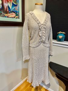  Vonnie Reynold’s Irish Linen 2 Pc. Ecru Knit Skirt & Cardigan Jacket Ensemble - 1970s