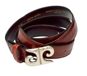 70s 80s Reddish Brown Aniline Leather Belt w Mod Silver Logo Buckle