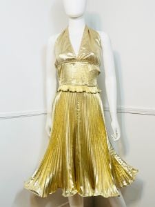 Medium | 1970s Vintage Gold Lamé Pleated Halter Dress  - Fashionconstellate.com