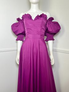 Small | Early 1980s Vintage Magenta Puff Sleeved Maxi Gown  - Fashionconstellate.com