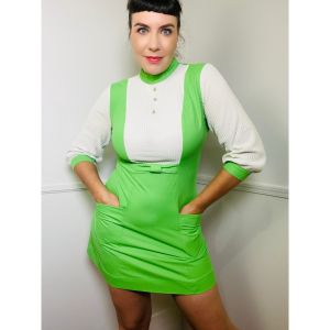 Medium | 1960s Vintage Lime Green and White Mini Dress by Barco California 