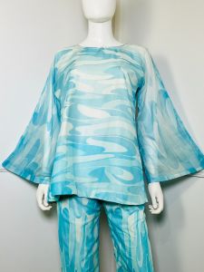 Small - 26'' Waist | 1960s Vintage Blue Chiffon Angel Sleeve Tunic and Cropped Flares Set  - Fashionconstellate.com