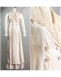 Stunning 30s/40s Cream Silk Satin Trench Styled Peignoir Robe, Tambour Lace, Bridal