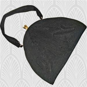 1930s Art Deco Black Corde Purse Handbag, Deco Floral With Mirror & Old Hairpins ~ 30s