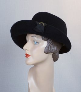 80s Black Felt Asymmetrical Curled Brim Cloche, Hat, by Jacki