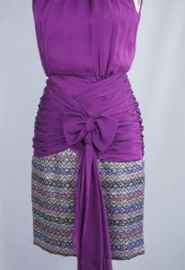 80s Ruched Purple Chiffon and Brocade Party Dress by John Charles, Sz XS - S - Fashionconstellate.com