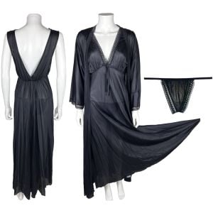 Vintage 1970s Peignoir Set Black Sheer Nightgown & Panties Unused