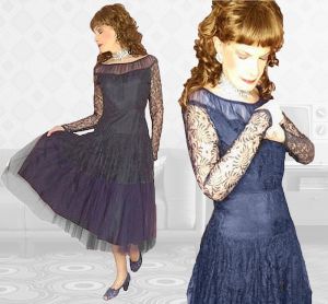 1950s Navy Lace Formal Long Sleeve Dress Dropped Waist Mermaid Style