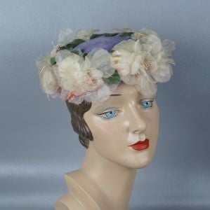 50s Lilac Straw Shallow Crown Pillbox Hat w/ Silk Florals