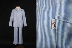 Vintage Levi's Seersucker Suit Blue 70s Two Piece Leisure Gentleman's Jeans - Size 40 Men's Medium