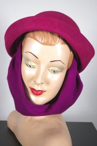 Fuchsia pink 80s hat with orchid purple knit cowl scarf - Fashionconstellate.com