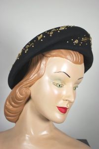 Adolfo 80s hat black tilt beret gold studded crescent moons - Fashionconstellate.com