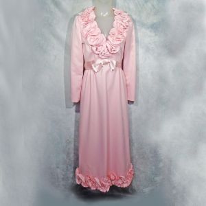 1960s Pink Long Sleeve Gown VFG Formal Low Neckline Mother of the Bride Frills - Fashionconstellate.com