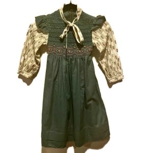 Vintage 1960's Smocked Prairie Dress Floral Green Ruffled Girls Kids S/M