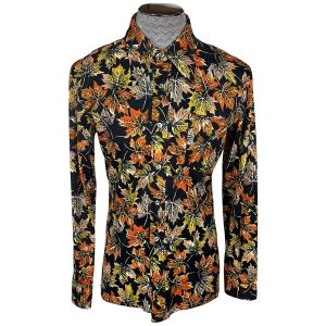 Vintage 1970s Disco Shirt Polyester Maple Leaf Pattern Size XL