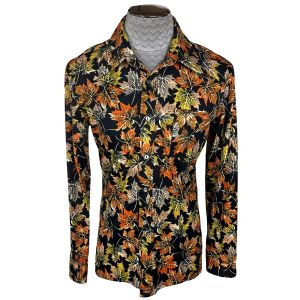 Vintage 1970s Disco Shirt Polyester Maple Leaf Pattern Size XL - Fashionconstellate.com
