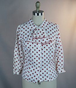50s Nylon White and Red Polka Dot Blouse by Mardi Modes, B36