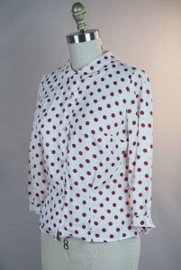 50s Nylon White and Red Polka Dot Blouse by Mardi Modes, B36 - Fashionconstellate.com