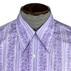 Unused Vintage 1970s Shirt Printed Purple Cotton Blend Short Sleeve L - Fashionconstellate.com
