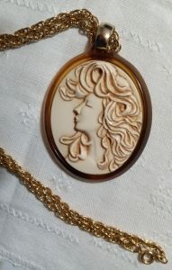 Vintage 1970s Lucite Carved Look Beautiful Lady Face Necklace BOHO - Fashionconstellate.com