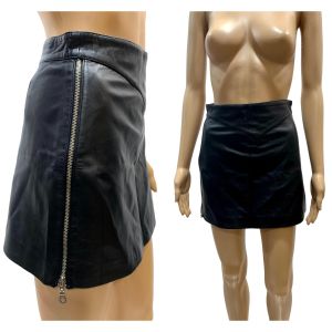 Vintage Punk Black Leather Mini Skirt Zipper Sides 