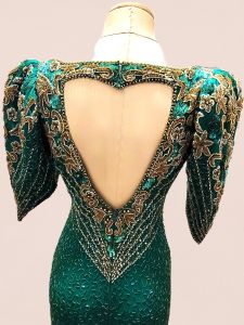 Stunning 1980's Modelle Shop Statement Emerald Green Silk Heart Cut-Out Reverse Beaded Formal Dress  - Fashionconstellate.com
