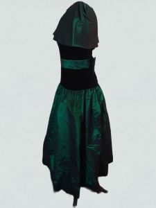 1980's Victor Costa for Lord and Taylor Black Velvet & Emerald Green Taffeta Statement Sleeve Dress - Fashionconstellate.com